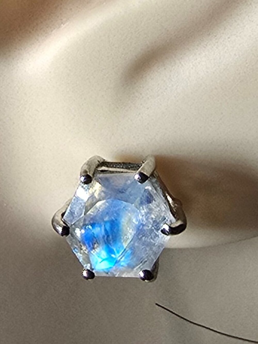 925 Sterling Silver Rainbow Moonstone Hexagon Stud Earrings Blue Flash